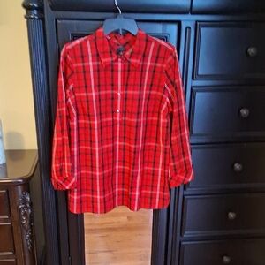 Talbots Vibrant Red Plaid Shirt 14 Petite NWOT